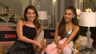 EXCLUSIVE Lea Michele amp Ariana Grande Show Off Scream Queens Killer Set [upl. by Esiouqrut]