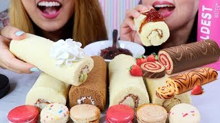 ASMR CHOCOLATE ROLL CAKES and MACARONS SOFT EATING SOUNDS  KimampLiz ASMR [upl. by Bergren]