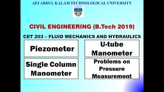 Piezometer Utube Manometer amp Single Column Manometer  KTUCivilCET 203 FMampH  Module 1  Part 4 [upl. by Oguh]