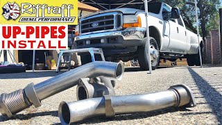 2001 F350 73  RiffRaff UpPipes Install  Stock up pipes leaking and falling apart JUNK SP [upl. by Nyla]