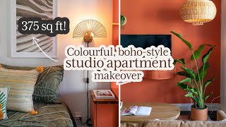 375 Sq Ft Studio Apartment Makeover COLOURFUL BOHO STYLE [upl. by Redep]