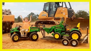 KID DRIVING GATOR AND TRACTOR RIDE ON WITH CUSTOM GOOSENECK TRAILER  Tractors for Children [upl. by Elyag]